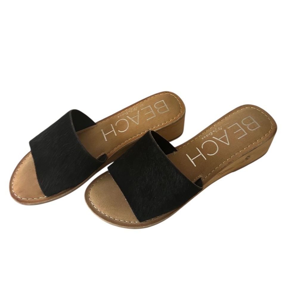 Beach by Matisse Black Cow Hide Wedge Slide Tiki Sandals Women’s Size 7